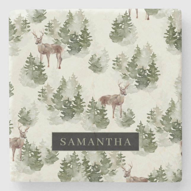 Vattenfärgsskogen Winter Forest Seamless Mönster Stenunderlägg (Framsidan)