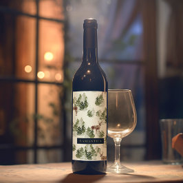 Vattenfärgsskogen Winter Forest Seamless Mönster Vinflaska Etikett