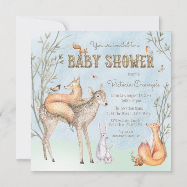 Vattenfärgsskogs Baby Shower-inbjudan Inbjudningar (Framsida)