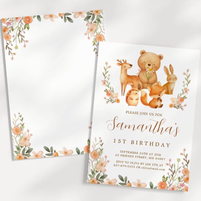 Vattenfärgsskogs djur 1-års födelsedagsinbjudan (Watercolor Woodland Animals 1st Birthday Invite)