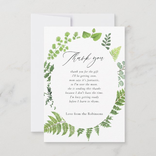 Vattenfärgsskogskog Greenery Baby Shower Tack Kort (Framsida)