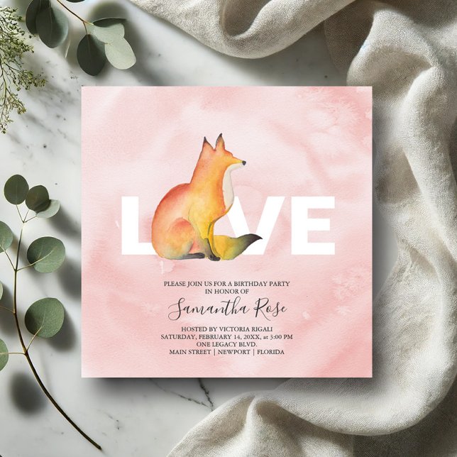 Vattenfärgsskogsmassa, Födelsedagsfest (Valentines birthday invitations watercolor fox art by Victoria Grigaliunas Do Tell A Belle)