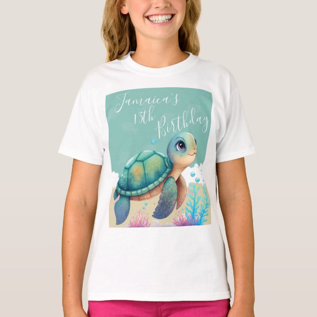 Vattenfärgssköldpadda Hav Födelsedagsfest T-Shirt (Framsida)