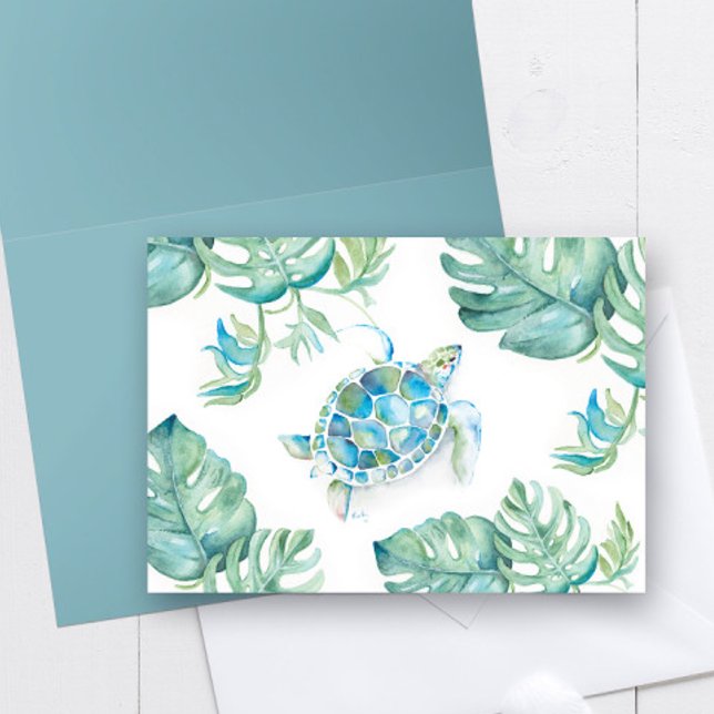 Vattenfärgssköldpadda med Monstera Handflatan Löv Tack Kort (Tropical thank you notes features watercolor sea turtle and Palm Leaf art by Victoria Grigaliunas)