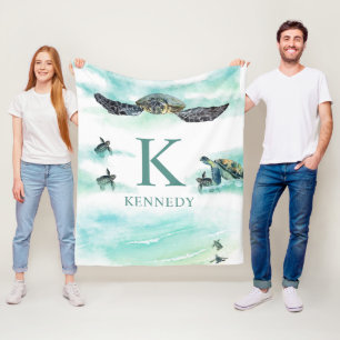 Vattenfärgssköldpadda Ocean Monogram Namn Fleecefilt