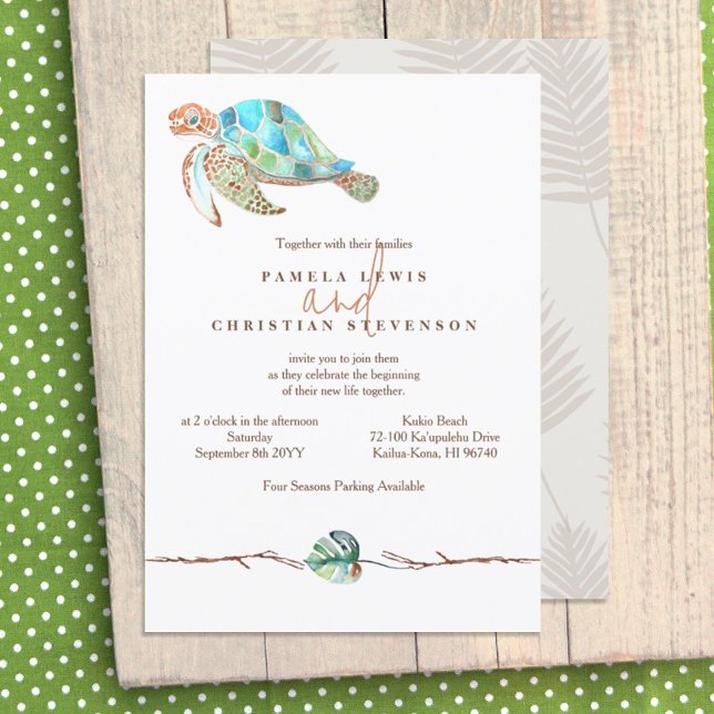 Vattenfärgssköldpadda och Monstera Löv Bröllop Inbjudningar (turquoise green brown sea turtle monstera leaf rustic tropical colors wedding invitation)