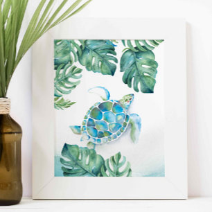 Vattenfärgssköldpadda och Monstera Löv Poster