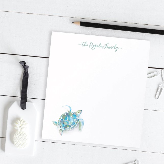 Vattenfärgssköldpadda Personlig Stationeri Anteckningsblock (Sea Turtle notepad personalized unique watercolor art by Victoria Grigaliunas of Do Tell A Belle)