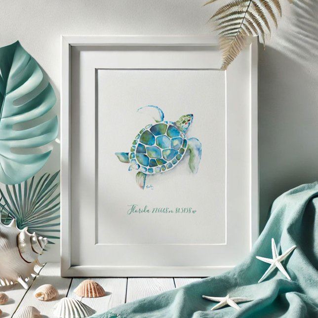 Vattenfärgssköldpadda Poster (Beach pictures watercolor sea turtle drawing coastal art by Victoria Grigaliunas of Do Tell A Belle )