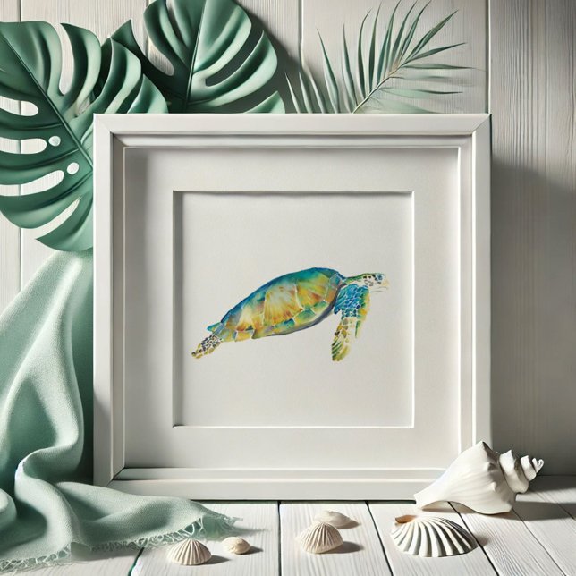 Vattenfärgssköldpadda Poster (Beach pictures watercolor sea turtle drawing by Victoria Grigaliunas of Do Tell A Belle)