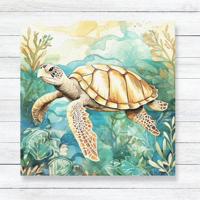 Vattenfärgssköldpaddor Canvas (Coastal Art for Kids or Bathroom - Watercolor Turtle Canvas Print)