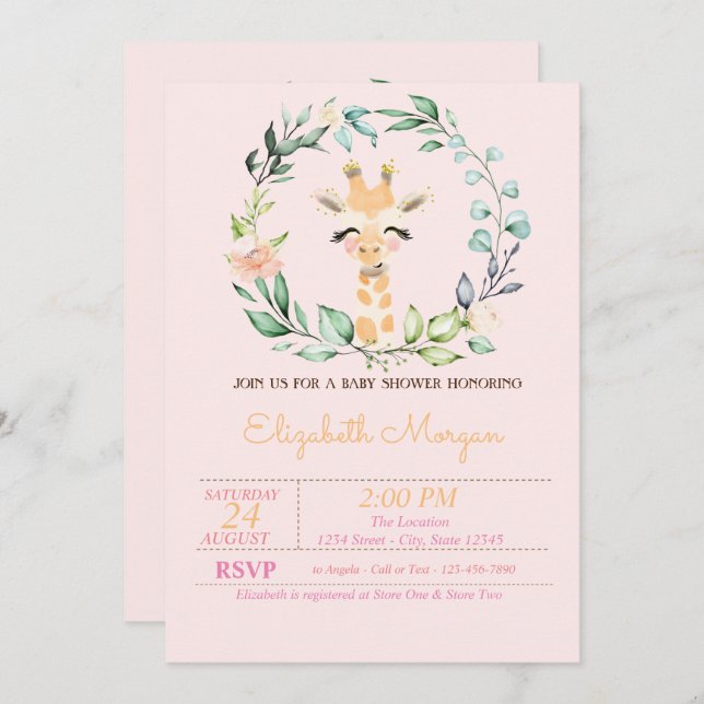 Vattenfärgsskor Löv Flower Baby Giraffe Baby Showe Inbjudningar (Fram/baksida)
