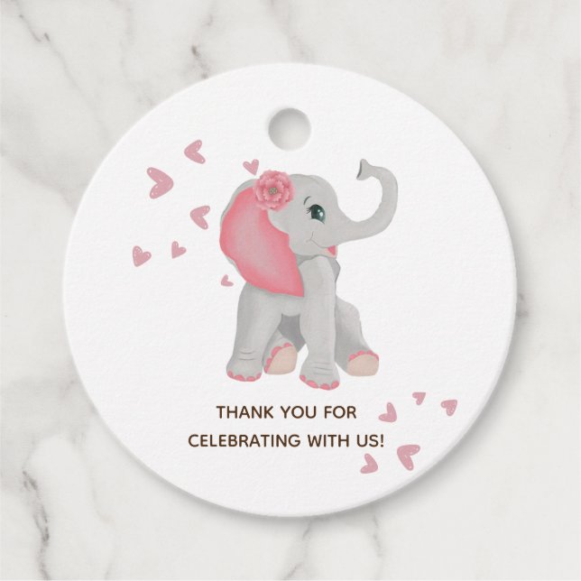 Vattenfärgsskor Rosa Cute Baby Elephant Baby Showe Gåvor Etiketter (Framsida)