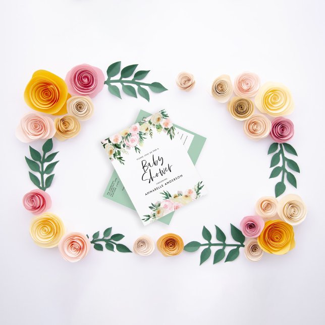 Vattenfärgsskript för babydusch för persiko-rosa b inbjudan vykort (Skapare uppladdad)