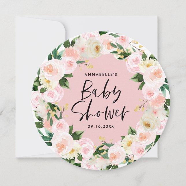 Vattenfärgsskript för babydusch, rosa blommigt (Framsida)