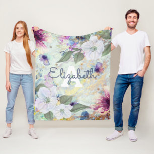 Vattenfärgsskript för Monogram grönt blommigt vint Fleecefilt