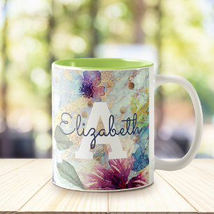 Vattenfärgsskript för Monogram vintage blommigt gr Två-Tonad Mugg