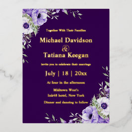 vattenfärgsskript lila blommigt guld bröllop