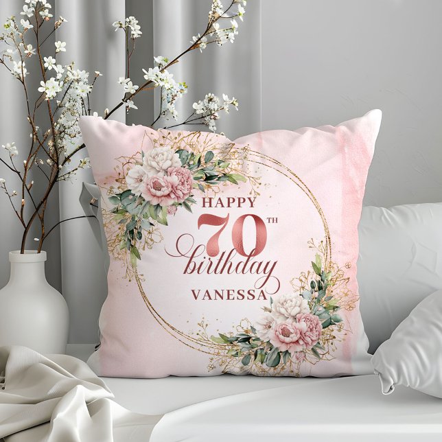 Vattenfärgsskugga Rosa Blommig Kudd 70-årsdag  Kudde (Watercolor Blush Pink Floral Pillow 70th Birthday Pillow)