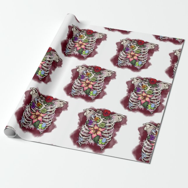 Vattenfärgsskydd Blommigt Ribcage Presentpapper (Utrullad)