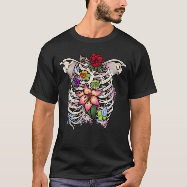 Vattenfärgsskydd Blommigt Ribcage T Shirt (Framsida)