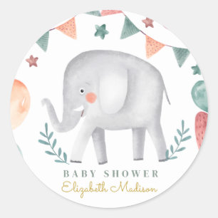 Vattenfärgssladd Elephant Baby Shower Runt Klistermärke