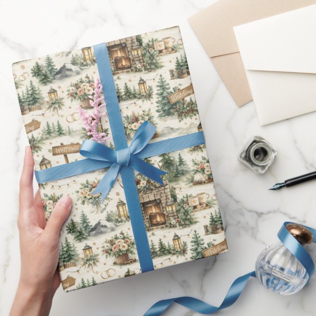Vattenfärgssmönster för Bergshotellbröllop Presentpapper (Gifting)