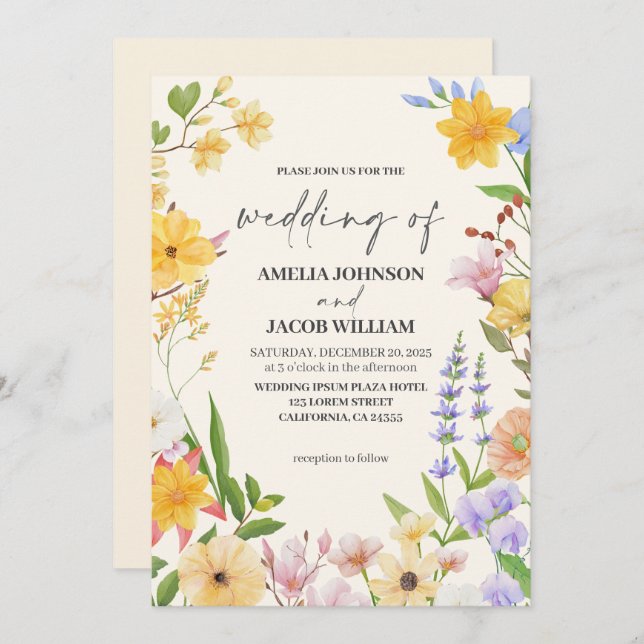 Vattenfärgssmör blommigt gult vår bröllop inbjudningar (Fram/baksida)