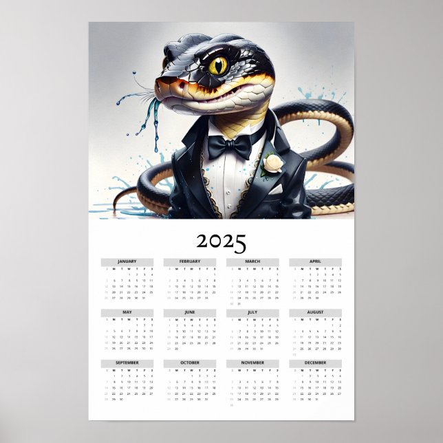 Vattenfärgssnake Tuxedo Bow Tie 2025 Wall Calendar Poster (Framsidan)