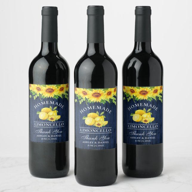 Vattenfärgssolblommor Limoncello Blue Wood Labels Vinflaska Etikett (Flaskor)