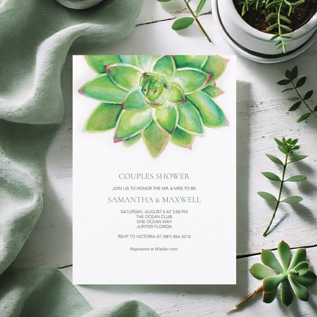 Vattenfärgssolfångare i Par Shower Inbjudningar (Bridal shower invitations simple watercolor succulent by Victoria Grigaliunas Do Tell A Belle)