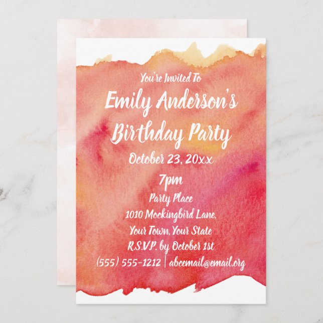 Vattenfärgssolnedgång, Födelsedagsfest Inbjudningar (Fram/baksida)