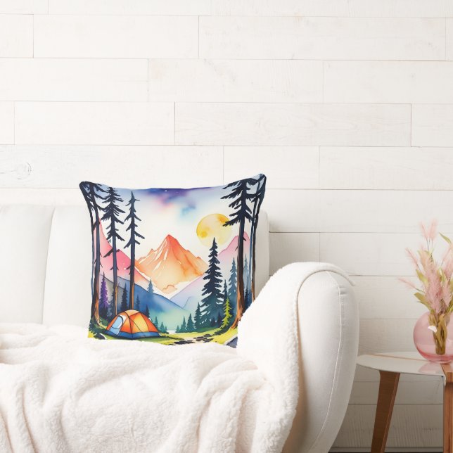 Vattenfärgssolnedgångscen i Sjö i berggrunden Kudde (Soffa)