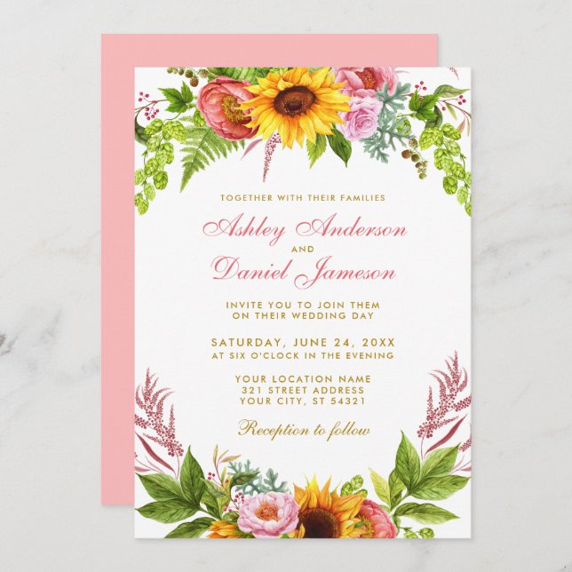Vattenfärgssolros Blommigt Bröllop Guld Rosa Inbjudningar (Fram/baksida)