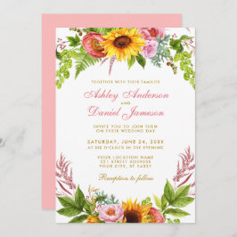Vattenfärgssolros Blommigt Bröllop Guld Rosa Inbjudningar
