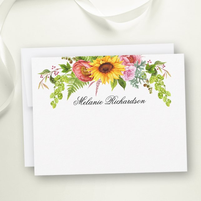 VattenfärgssolrosBlommigt Greenery Personlig Anteckningskort (Customize to change text color,  text style or to add more text to back of card.)