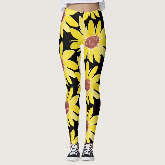 Vattenfärgssolrosbud Vibrant Hand Målad Leggings (Framsida)
