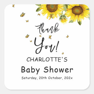 Vattenfärgssolrosor och fjärilar Baby Shower Fyrkantigt Klistermärke