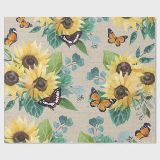 Vattenfärgssolrosor och fjärilar decoupage presentpapper