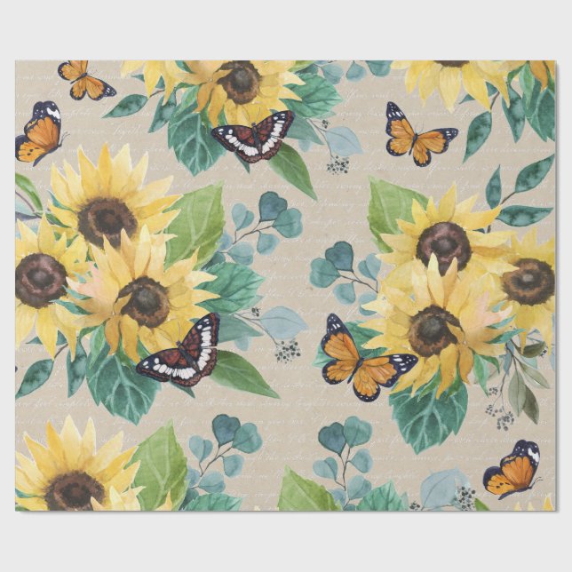 Vattenfärgssolrosor och fjärilar decoupage presentpapper (Platt)