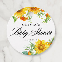 Vattenfärgssolrosor och havsabckthorn Babydusch Gåvor Etiketter
