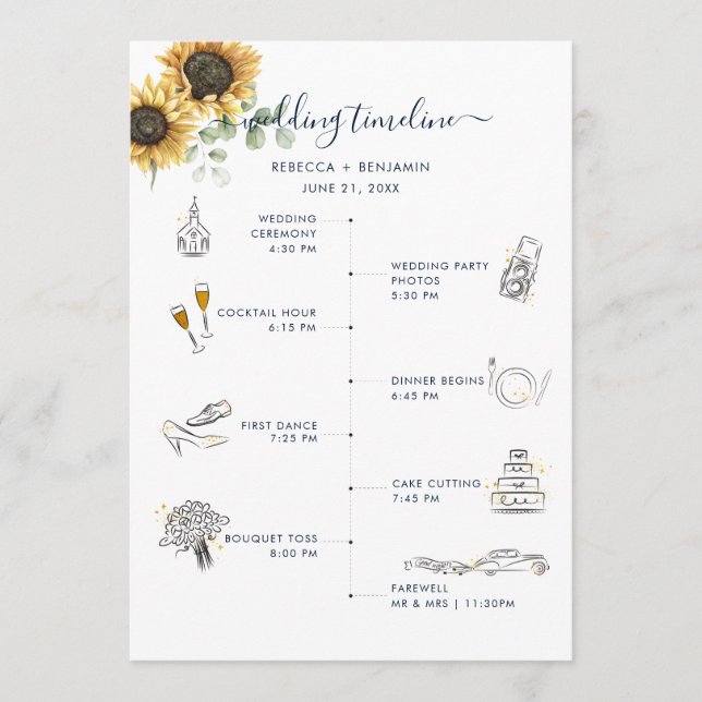 Vattenfärgssolsickeblomster Bröllopsitinerary Program (Framsida)