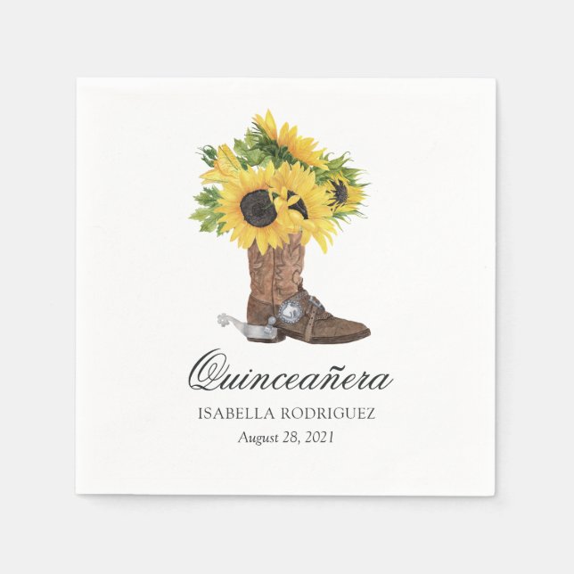 Vattenfärgssolsikke rustik västern Quinceañera Pappersservett (Framsidan)