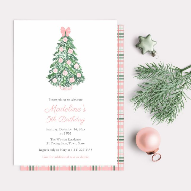 VattenfärgsSöt Rosa jul Födelsedagsfest  Inbjudningar (Pretty Pink Chinoiserie Holidays Birthday party invitation for little girl)