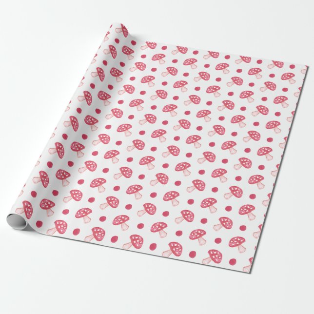 Vattenfärgssötad röd svamp och polka dots presentpapper (Utrullad)
