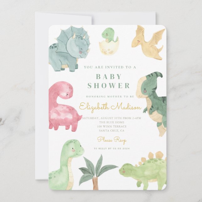 Vattenfärgssötare Dinosaurs babyskor Inbjudningar (Framsida)