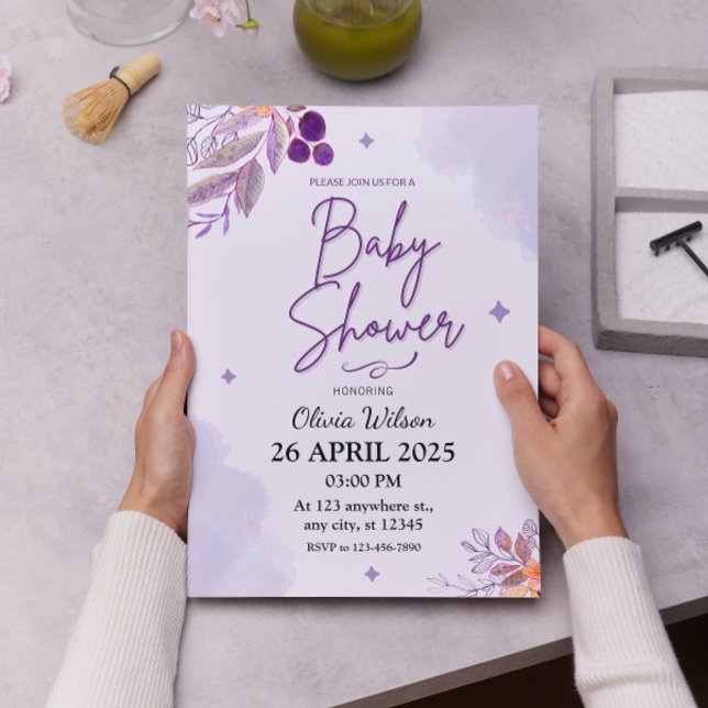 Vattenfärgssparender och Lila Blommigt Baby Shower Inbjudningar (Skapare uppladdad)