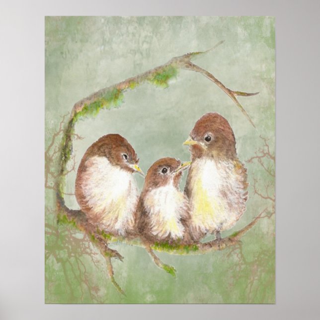 Vattenfärgssparrow Bird Family Poster (Framsidan)