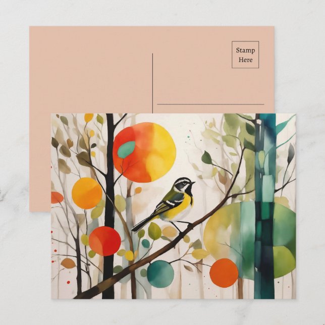 Vattenfärgssparv i höstskogen vykort (Fram/baksida)
