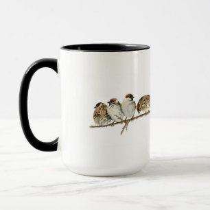 Vattenfärgssparvar på gren mugg